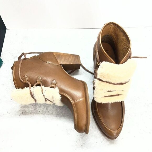 UGG Chestnut Analise Exposed Fur Leather Stacked Heel Ankle Boots Womens 7.5 - Picture 2 of 10